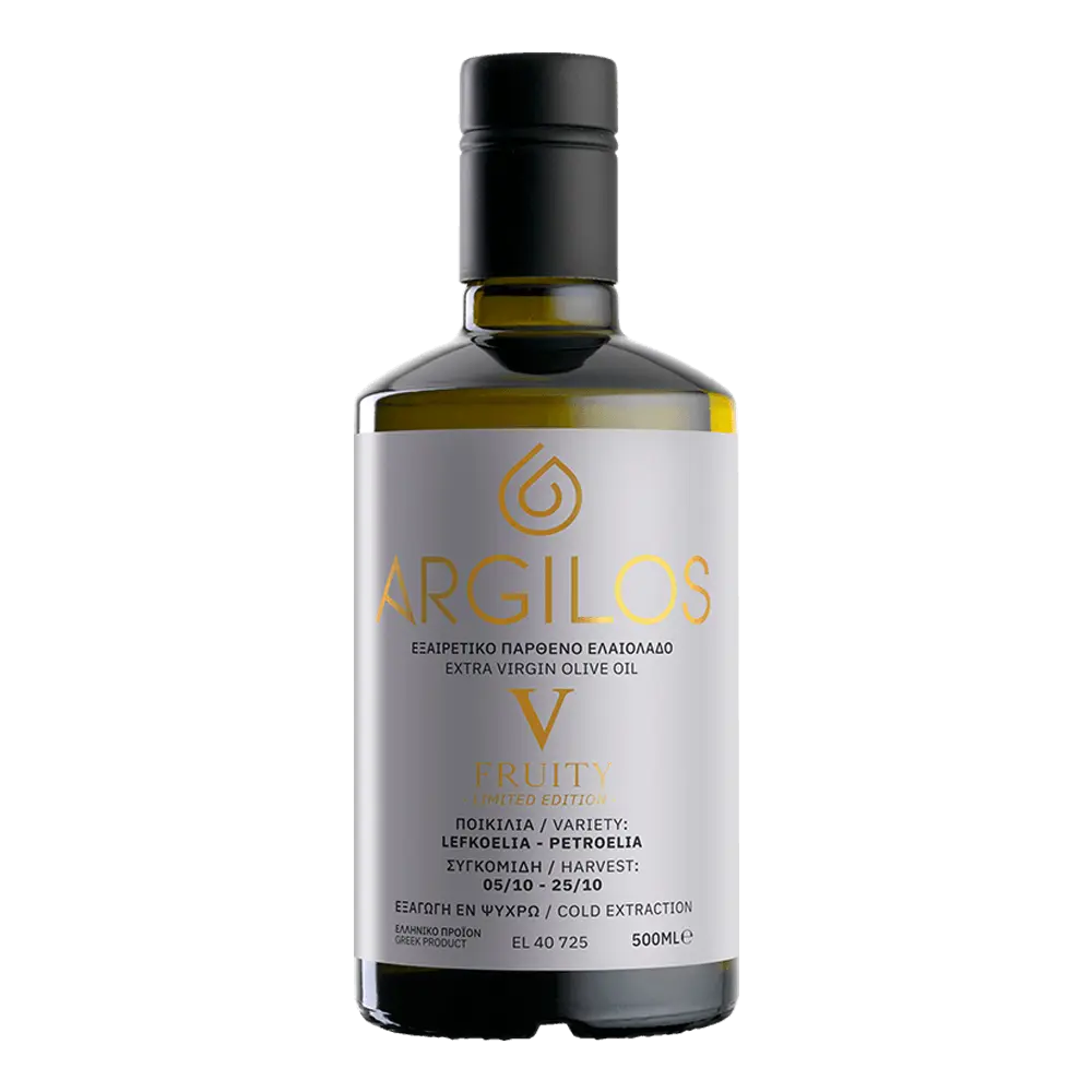 Agriston Argilos V Fruity εξαιρετικό παρθένο ελαιόλαδο μπουκάλι μπροστινή όψη