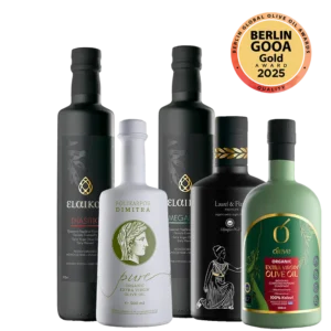 Mix and Match συλλογή από πέντε εξαιρετικά παρθένα ελαιόλαδα μπροστινή όψη με χρυσό βραβείο από διαγωνισμό Berlin GOOA 2025