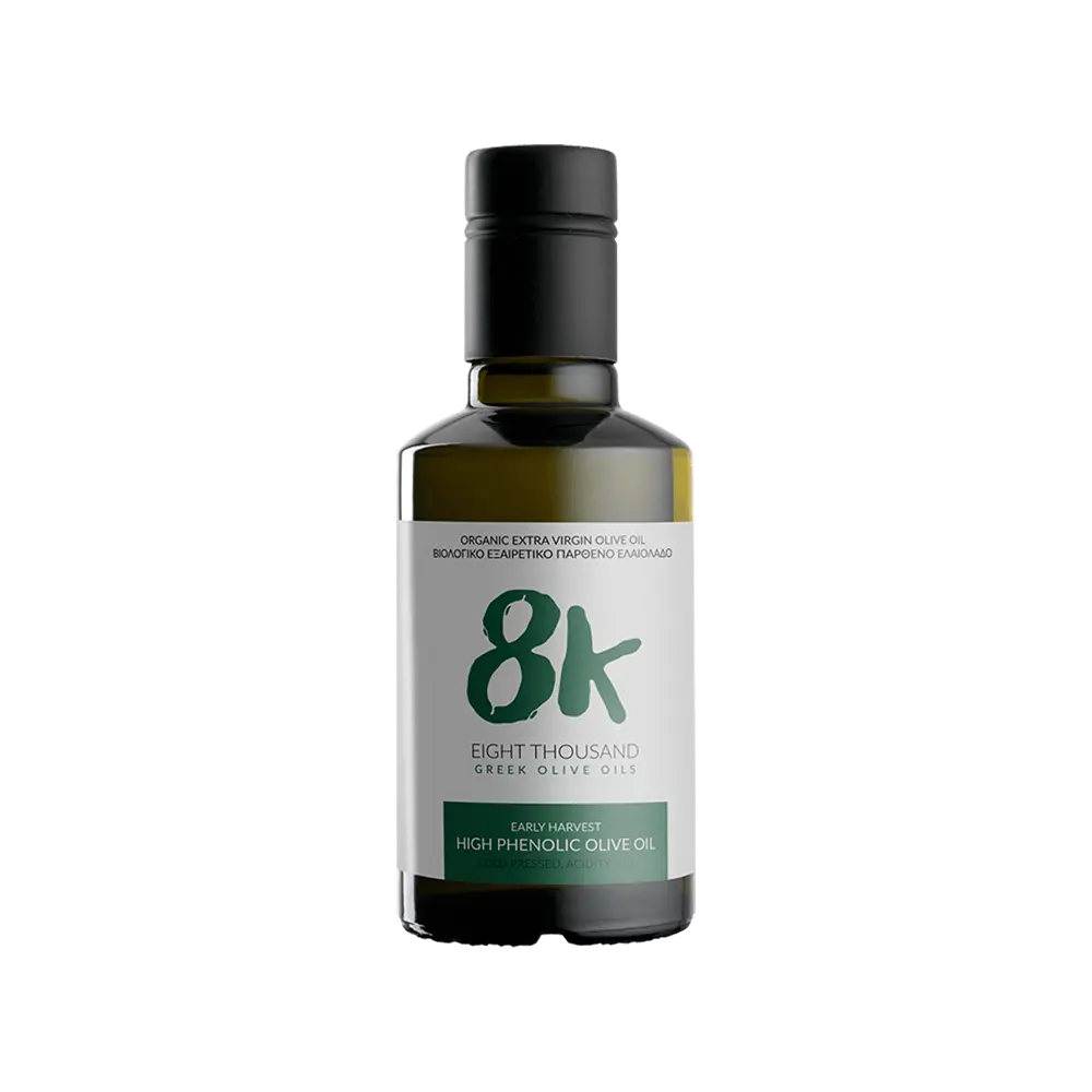 8K High Phenolic υψηλά φαινολικό βιολογικό εξαιρετικό παρθένο ελαιόλαδο φιάλη 250 ml μπροστινή όψη