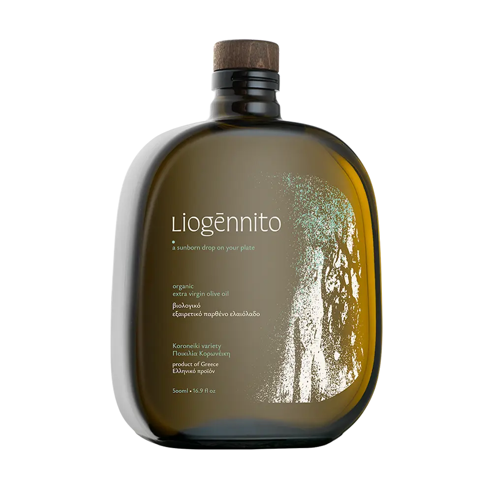 Liogennito Koroneiki βιολογικό εξαιρετικό παρθένο ελαιόλαδο μπουκάλι μπροστινή όψη