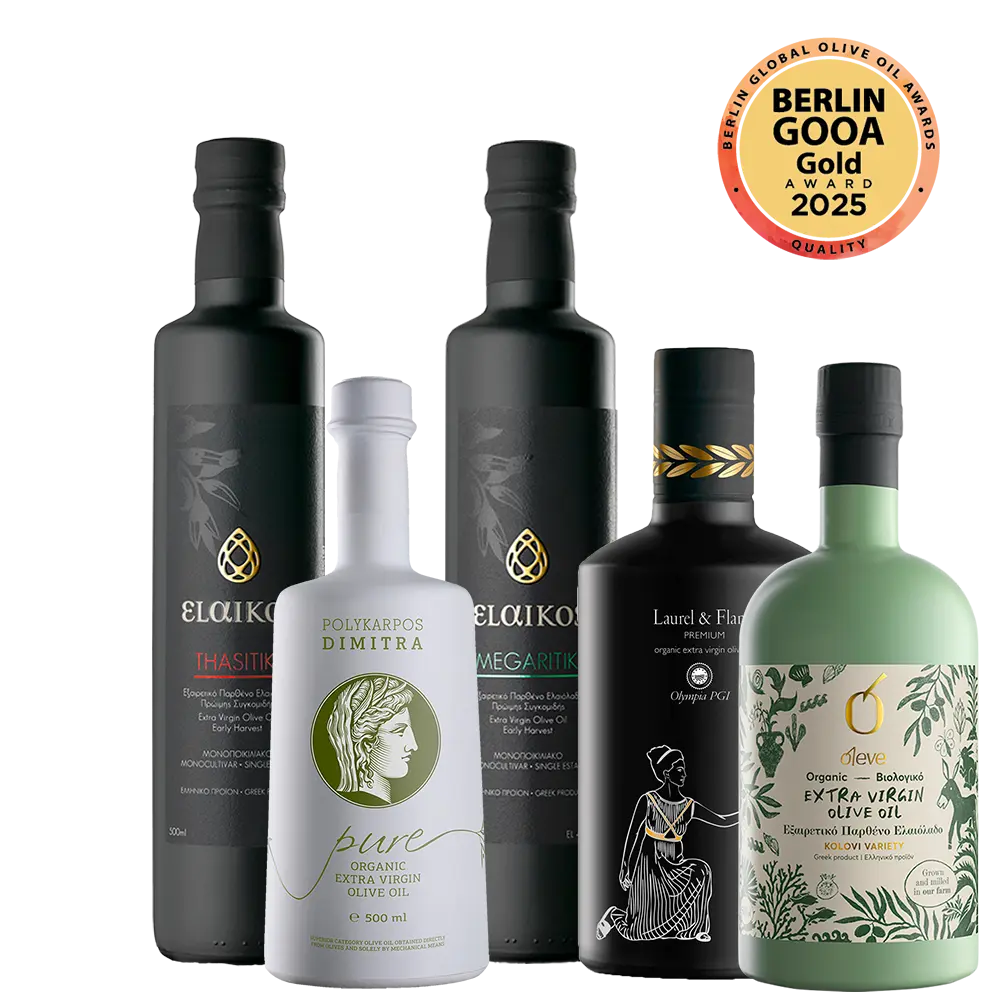 Mix and Match συλλογή από πέντε εξαιρετικά παρθένα ελαιόλαδα μπροστινή όψη με χρυσό βραβείο από διαγωνισμό Berlin GOOA 2025